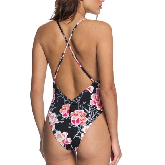 ROXY Anthracite Zilla Floral V-Neck One-Piece Swimsuit Women’s Junior Size Small - Picture 4 of 5